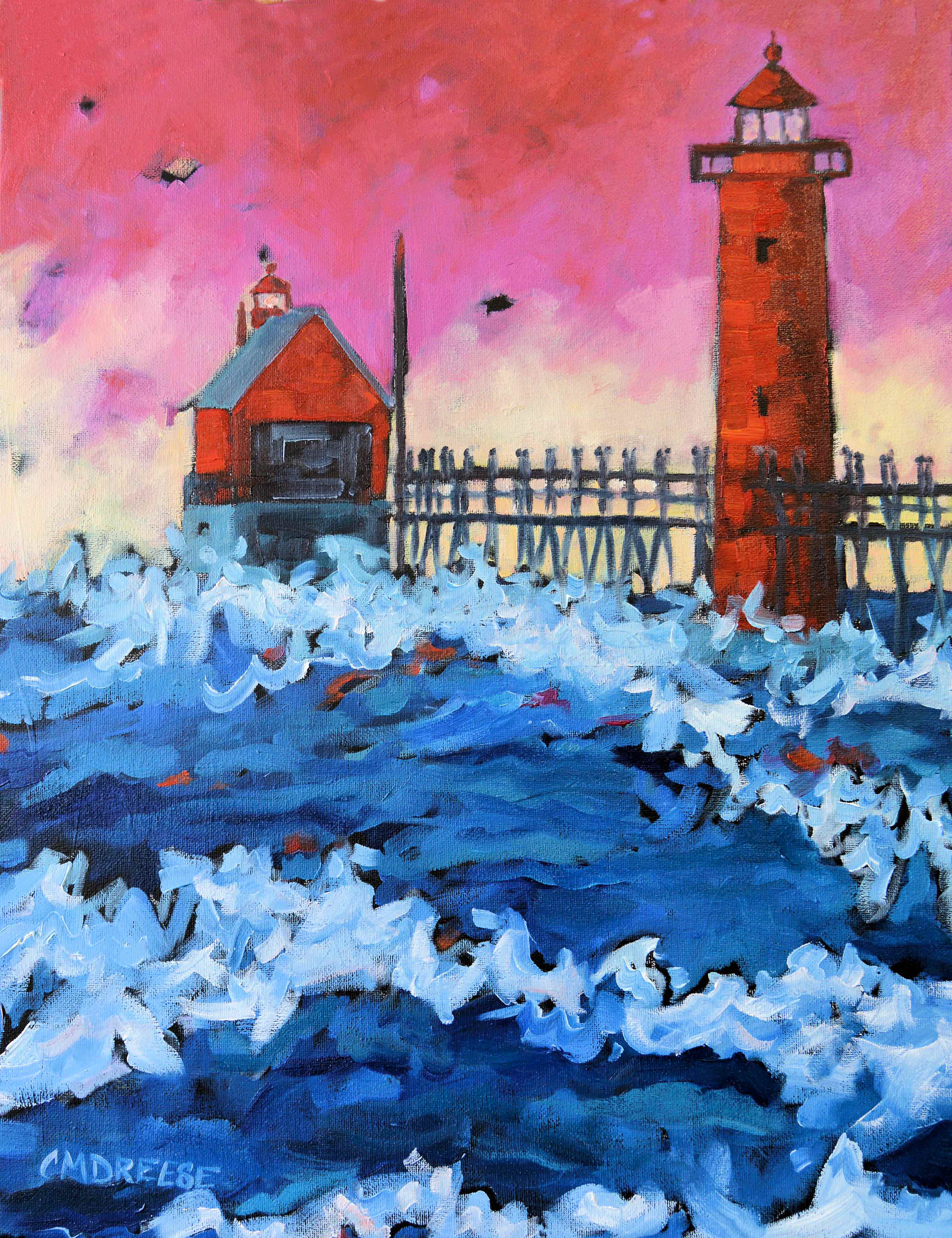 "Pink Sky at Night Lighthouse" Grand Haven Sunset Lighthouse Glass Art Print