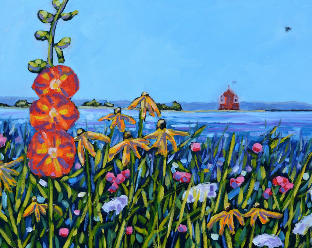 "Hollyhock Views on Mackinac Island" Flower Glass Art Print