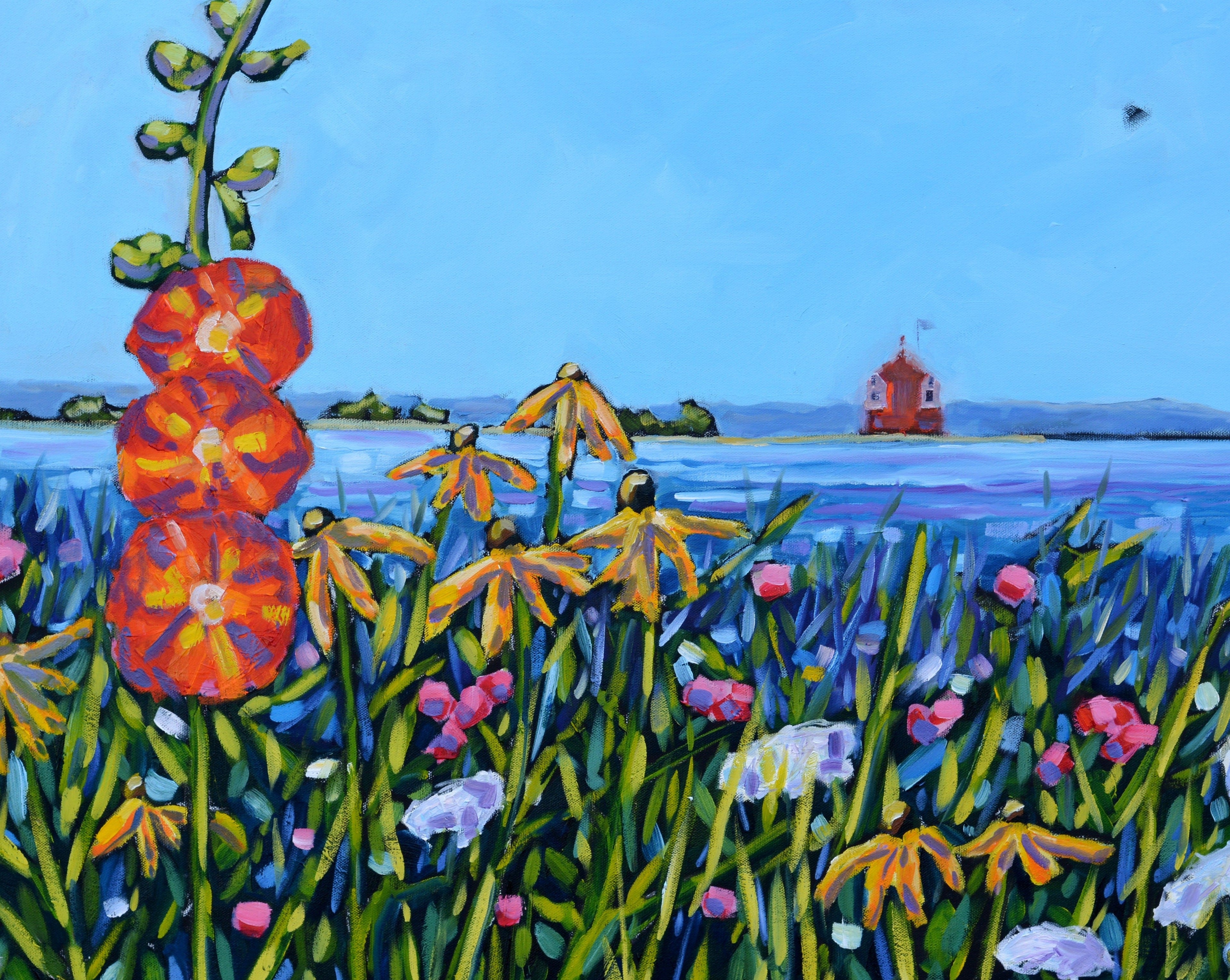 "Hollyhock Views on Mackinac Island" Flower Glass Art Print