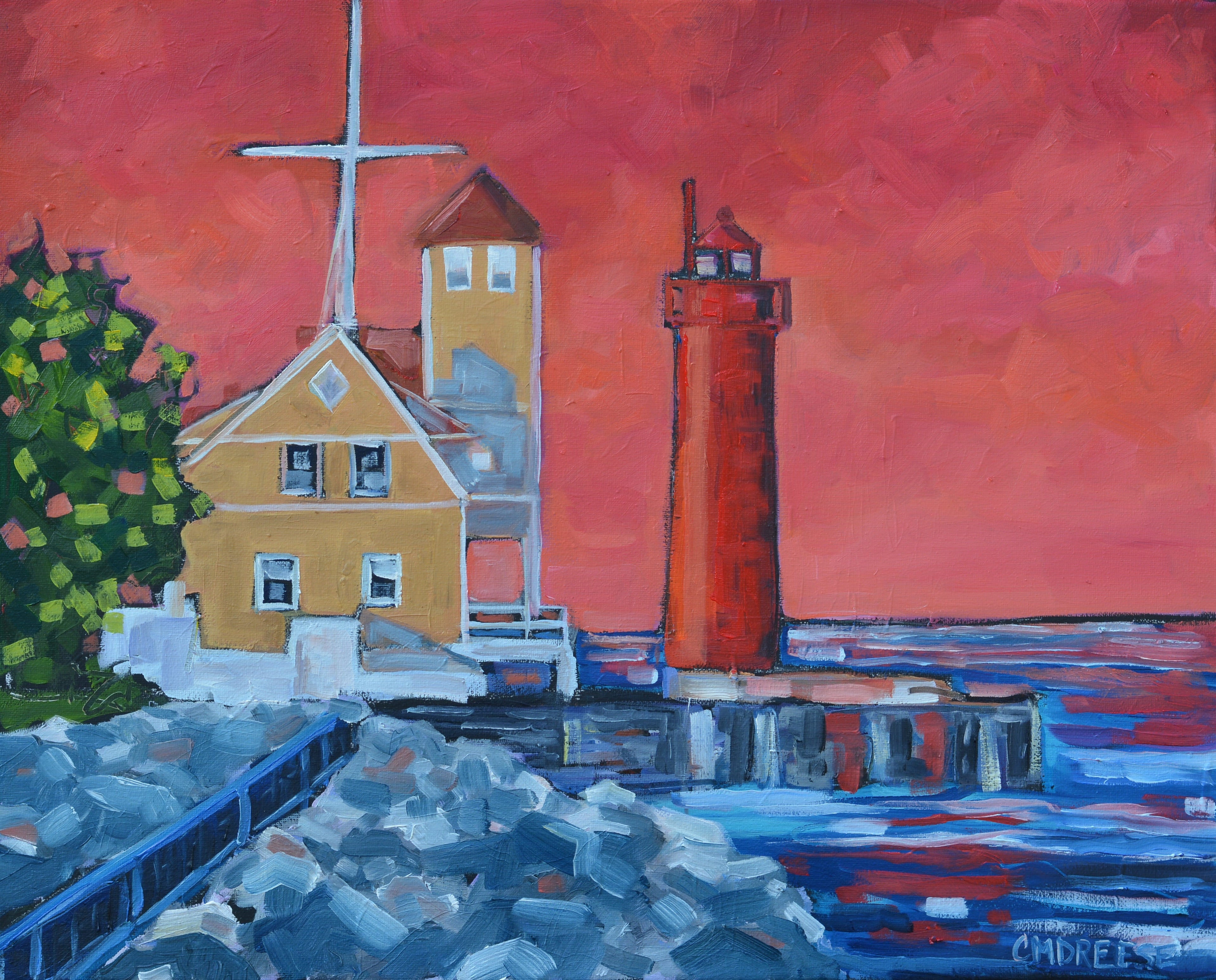 "Muskegon Lighthouse" Sunset Lighthouse Glass Art Print