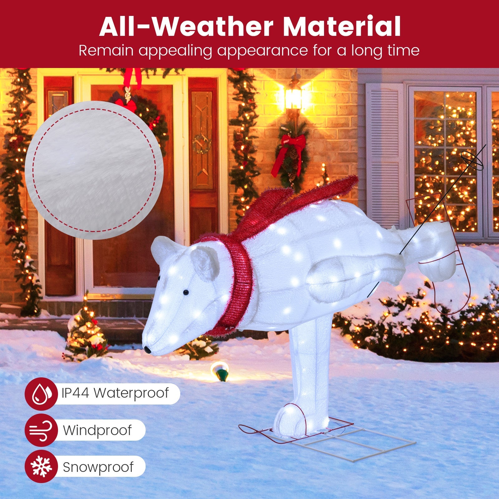 4.5 Feet Christmas Skiing Polar Bear with LED Lights and Ground Stakes