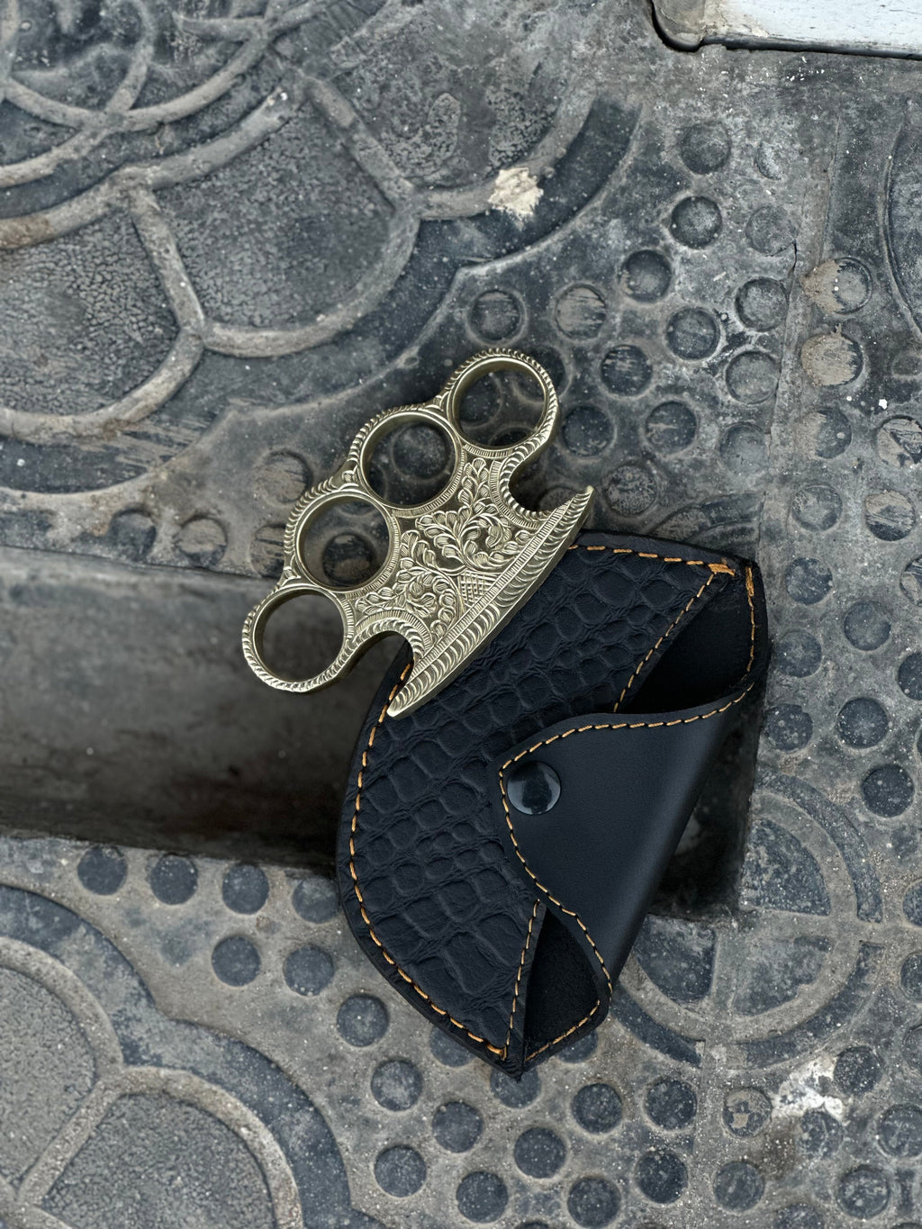 Custom Handmade Engraved Brass Knuckles with Premium Leather Carry Case – Solid Brass EDC Art Piece