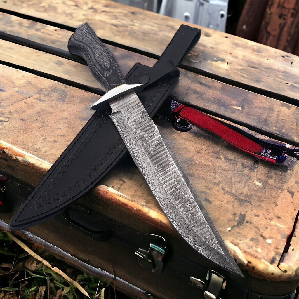 Custom Handmade 15" Damascus Steel Bowie Knife – Pakka Wood Handle & Steel Guard