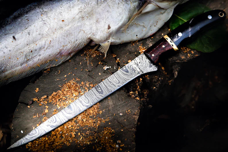 Custom Handmade 13-Inch Damascus Steel Fillet Knife with Buffalo Horn Handle