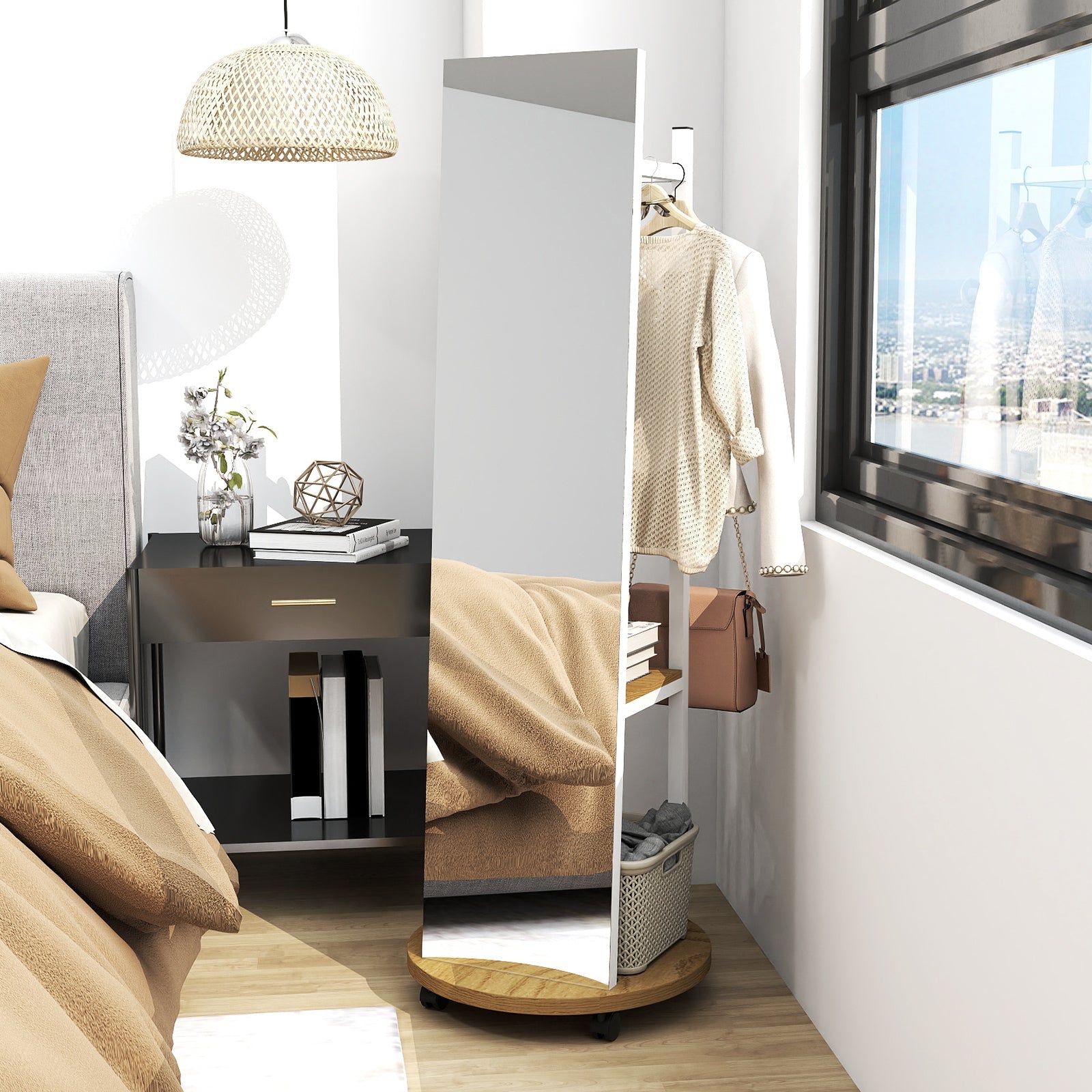 Coat Rack with Full Length Mirror Freestanding Coat Tree with 3 Hooks