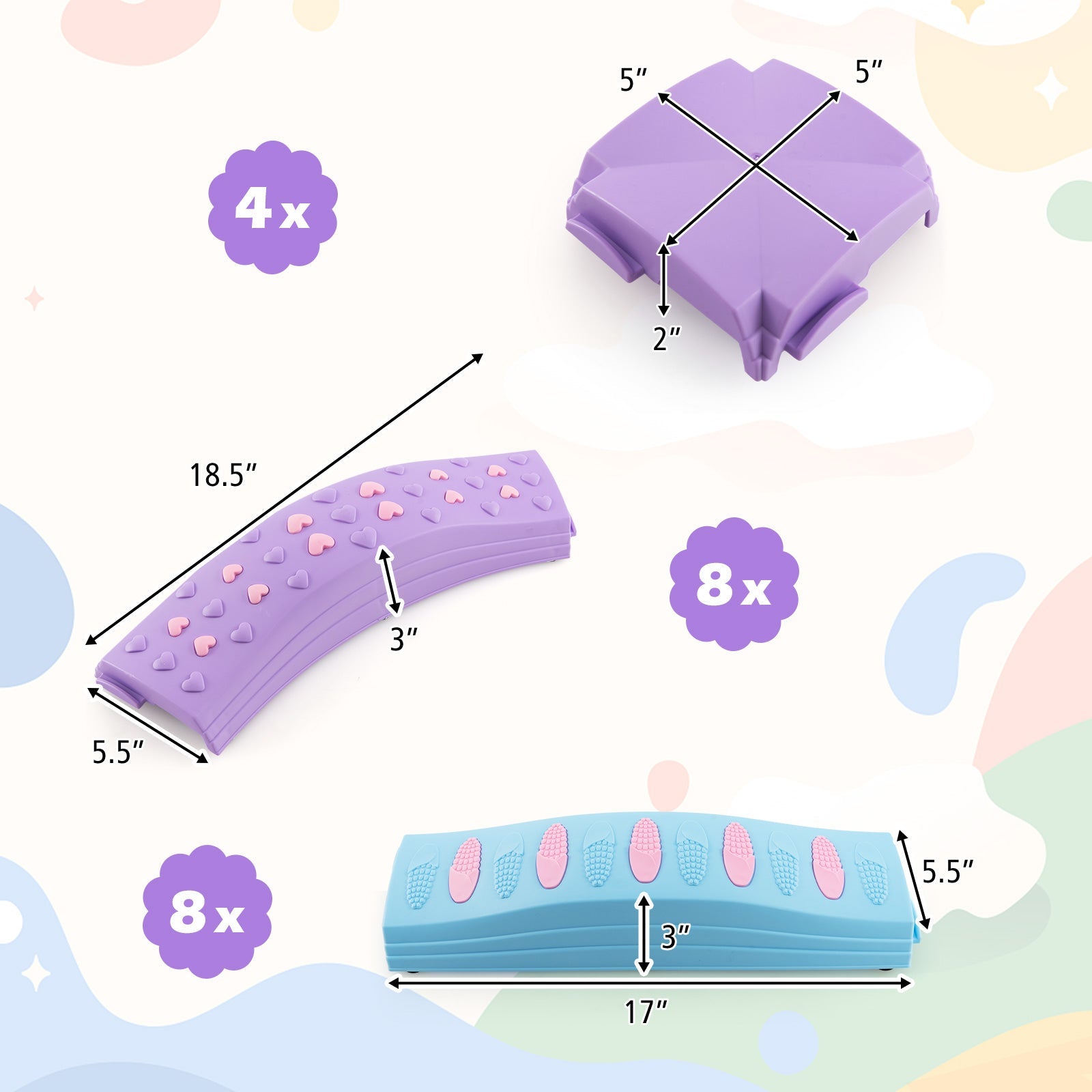 Colorful Kids Wavy Balance Beam with Textured Surface and Non-slip Foot Pads