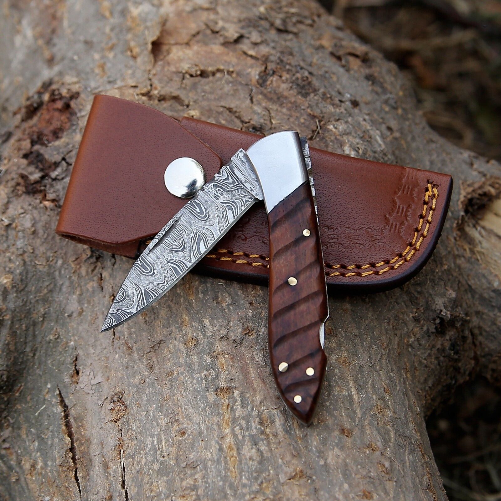 Custom Handmade Damascus Steel Pocket Knife with Rosewood Handle & Steel Bolster – 3" Overall Length, Includes Leather Sheath