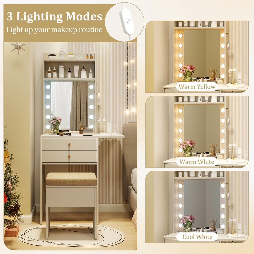 Compact Vanity Desk Set with 3-Color Lighted Mirror and Power Outlets
