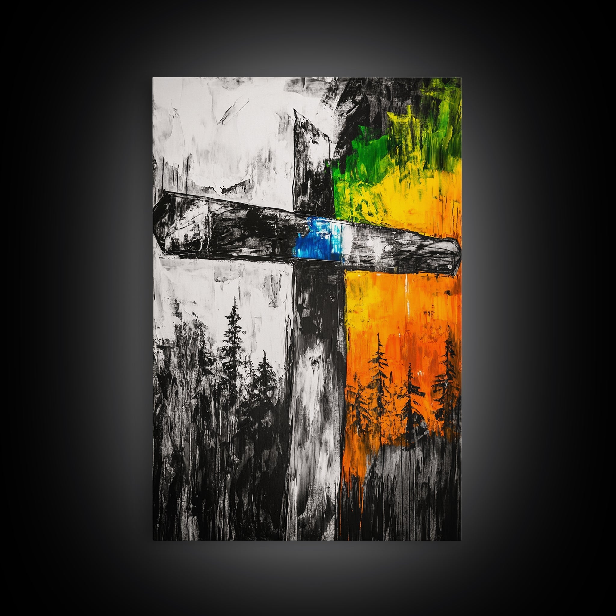 Wooden Cross, Religious Wall Art, Rustic Canvas Print, Faith Inspired, Spiritual Decor, Farmhouse Style, Living Room Art, Bold Colors