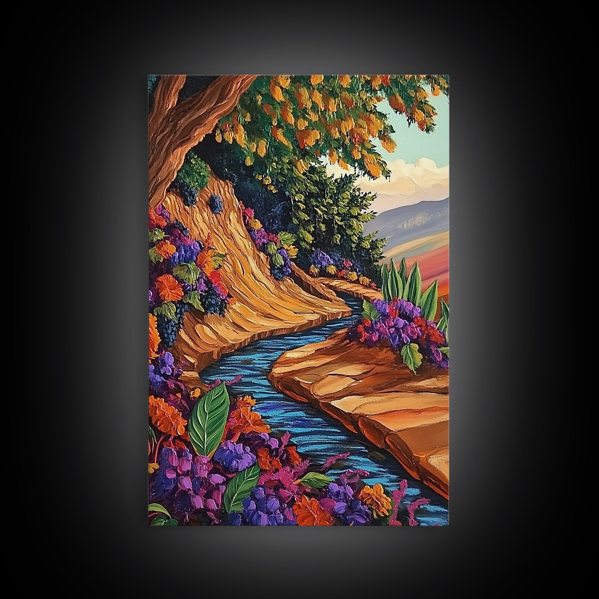 River Autumn, Pathway, Tranquility, Canvas Print, Fall forest landscape art, colorful seasonal painting, living room wall décor