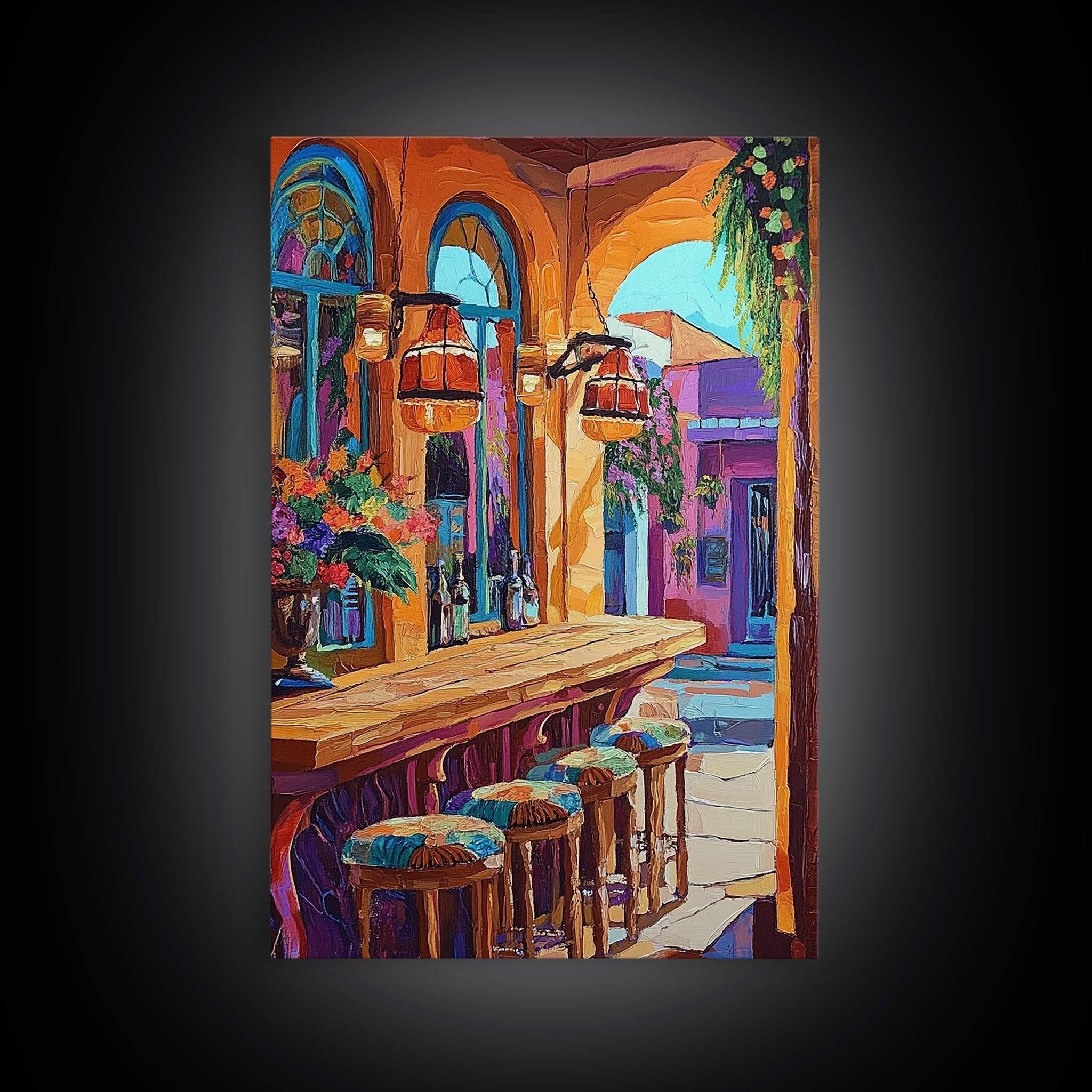 Wine Bar Scene, Cozy Bistro, Mediterranean Patio, Colorful Bar Decor, Kitchen Wall Art, Eclectic Style, Framed Canvas Print