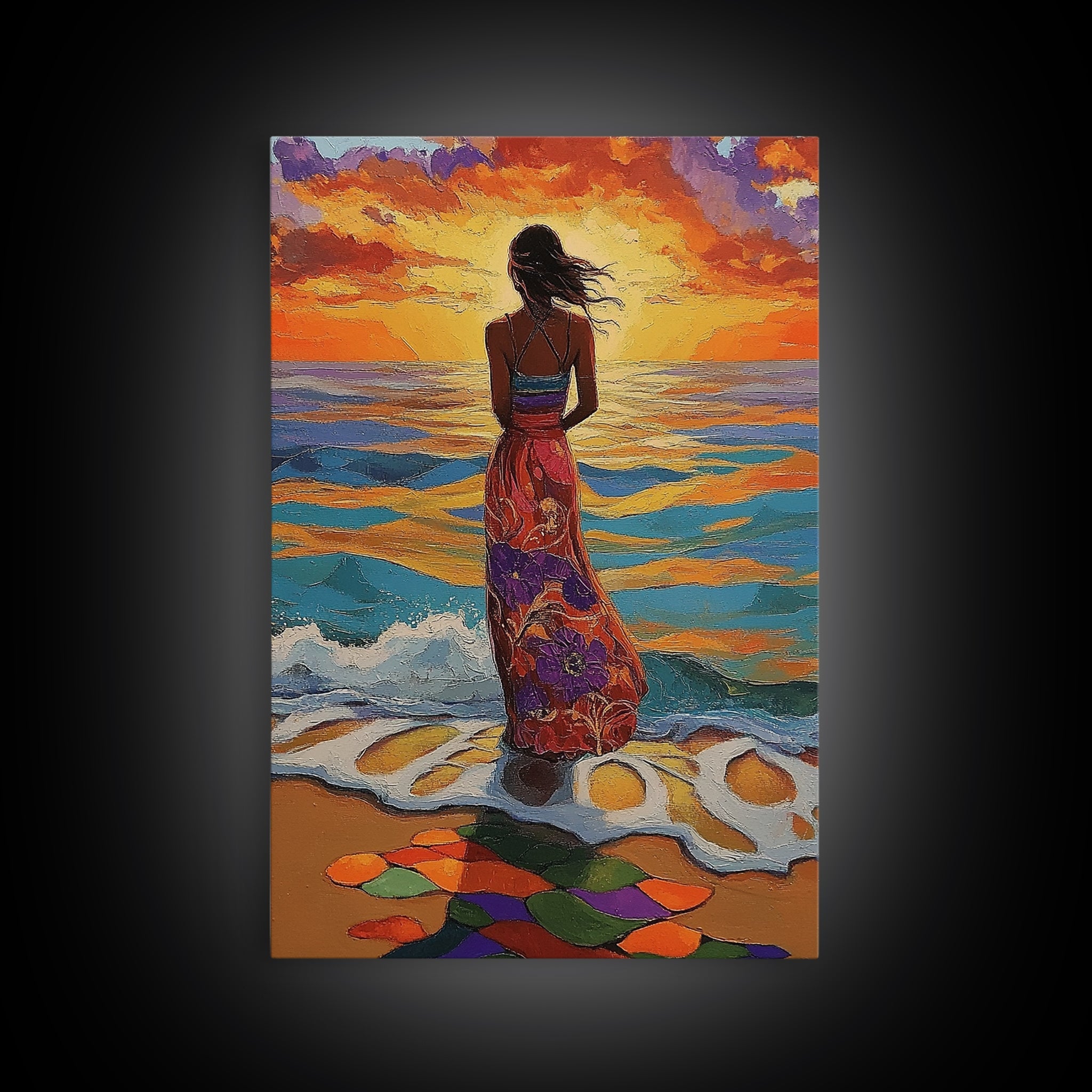 Sunset Beach Woman, Ocean Waves Art, Boho Coastal Decor, Tropical Wall Art, Canvas Print, Living Room Accent, Vibrant Beach Scene