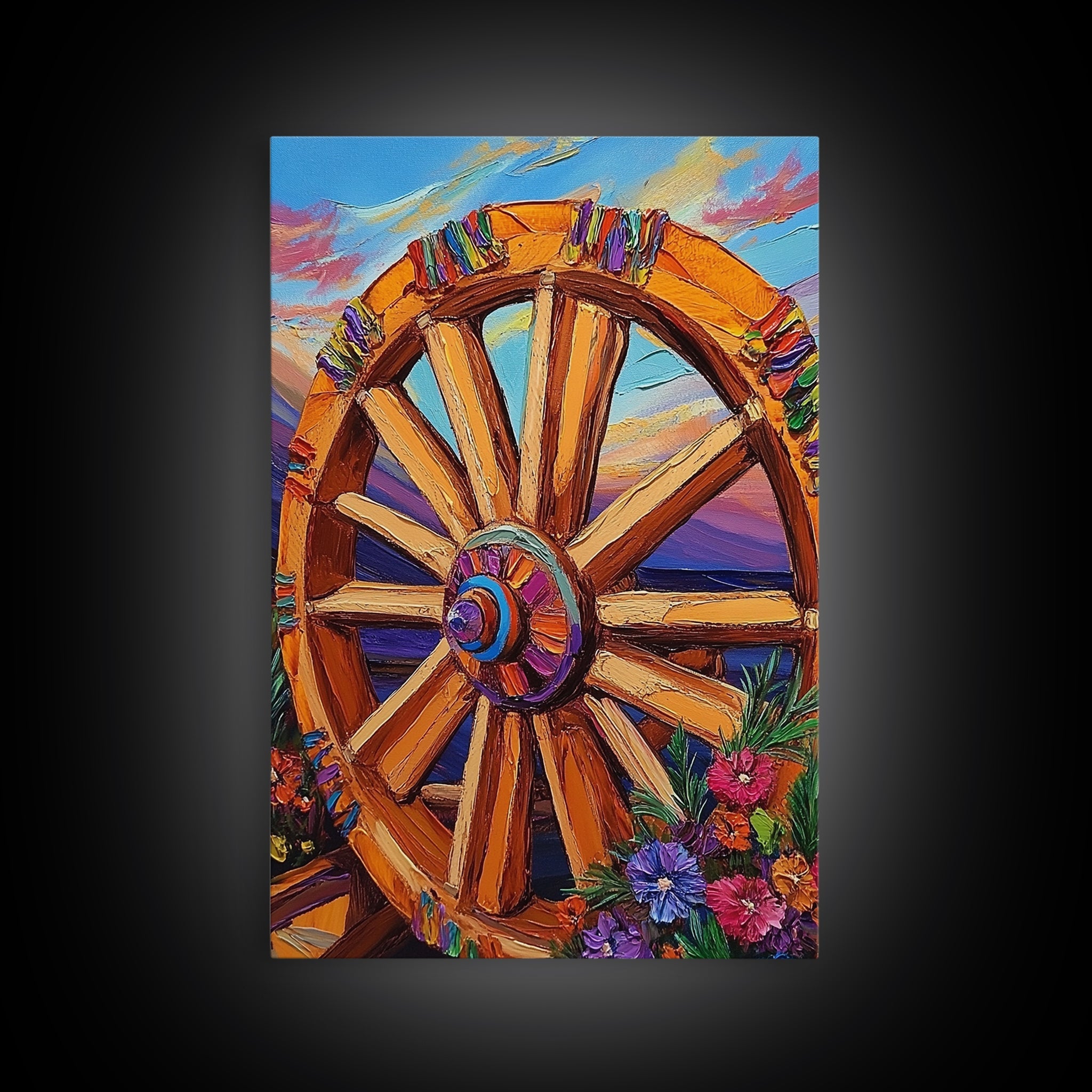 Colorful Wheel Art, Rustic Wall Decor, Western Vibes, Farmhouse Charm, Framed Canvas Print, Fall Decor, Country Living Room Wall Art