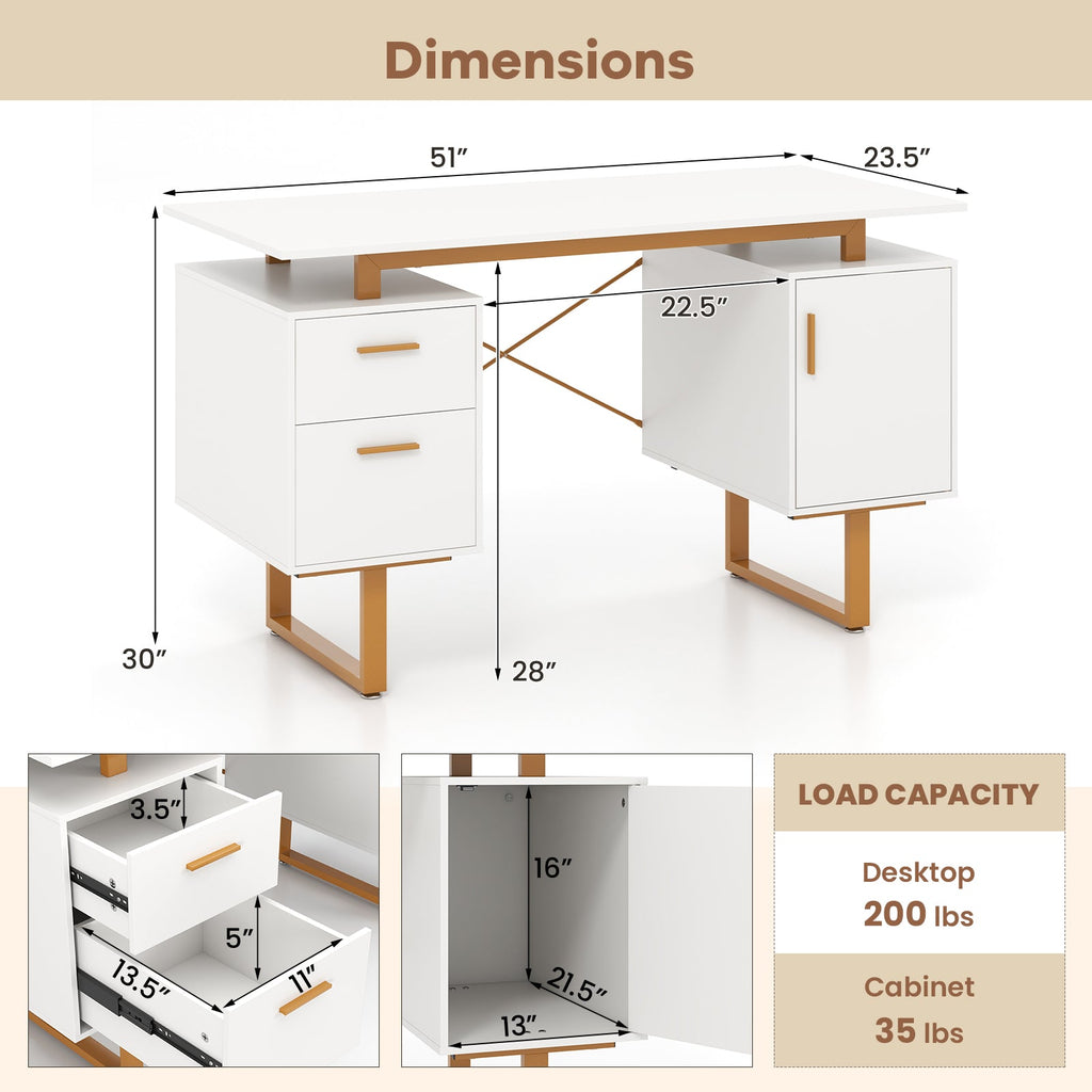 51 Inch Computer Desk with Floating Desktop and Dual Drawers-White