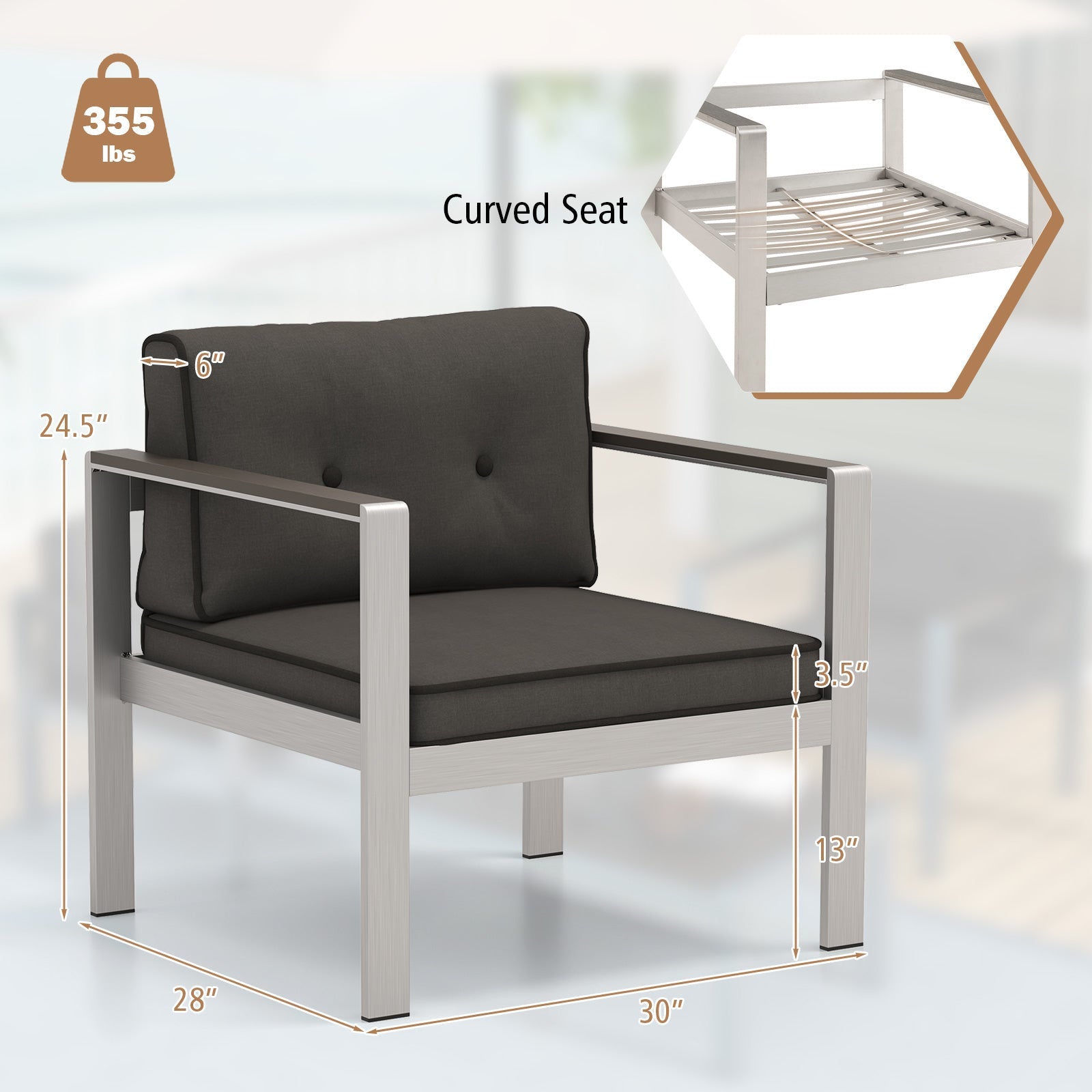 Contemporary Sofa Chair with WPC Armrests and Back Cushions-Gray
