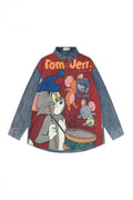 Corduroy & Denim Cartoon Patch Shirt - Unisex Oversized Street Style