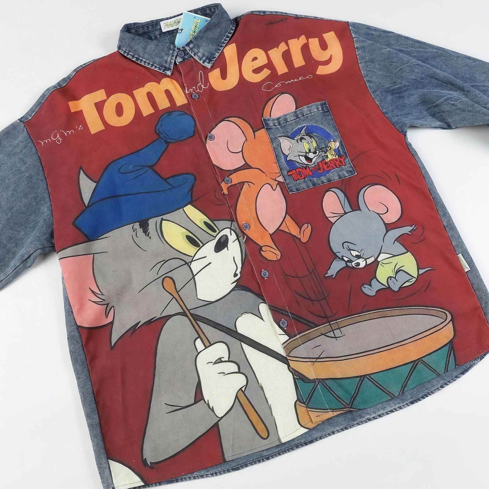 Corduroy & Denim Cartoon Patch Shirt - Unisex Oversized Street Style