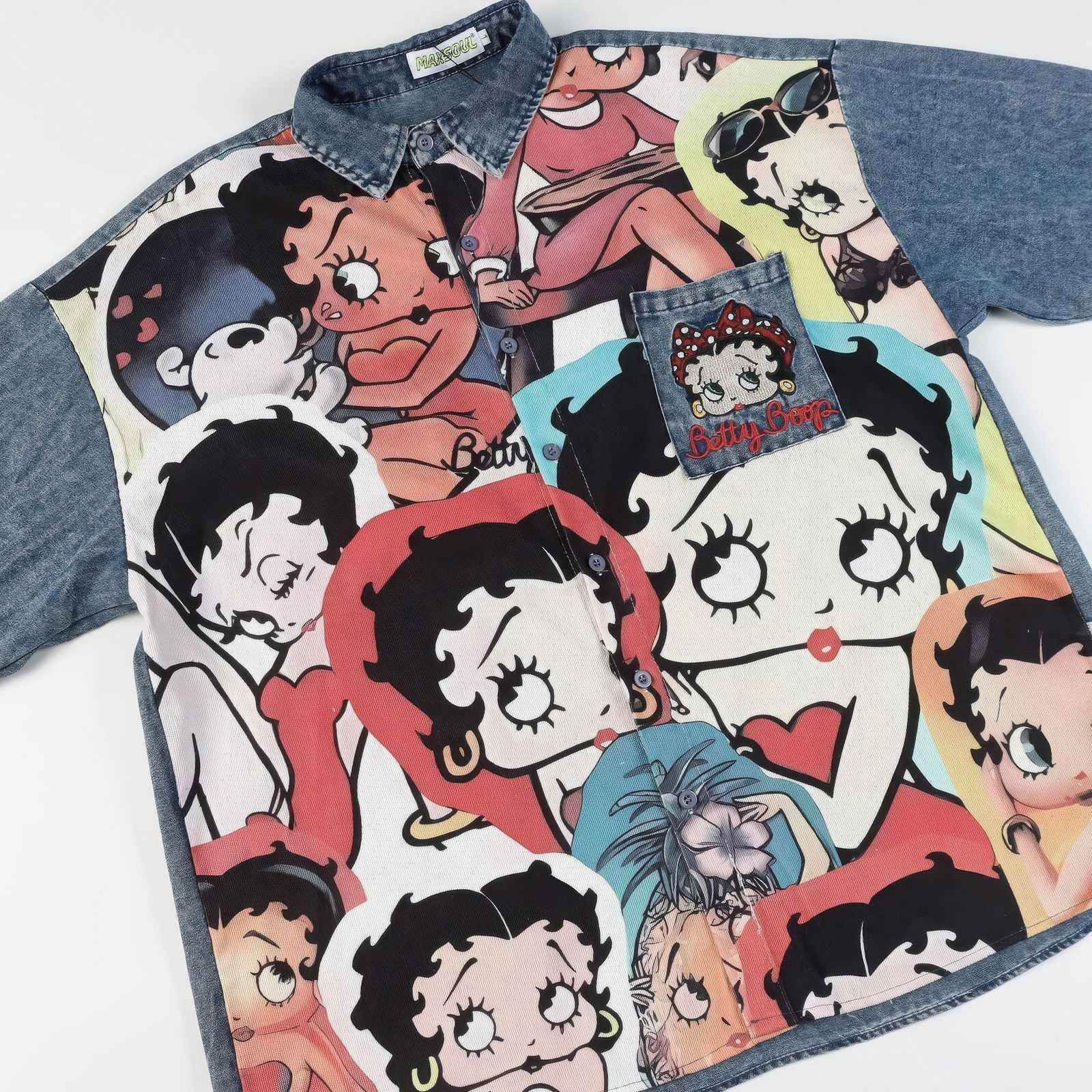 Corduroy & Denim Cartoon Patch Shirt - Unisex Oversized Street Style