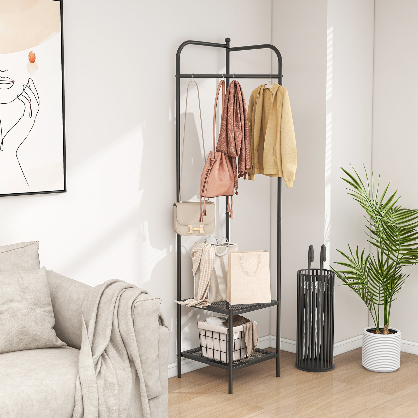 Corner Coat Rack with Top Hanger and 2 Mesh Shelves for Entryway Hallway Living Room Bedroom