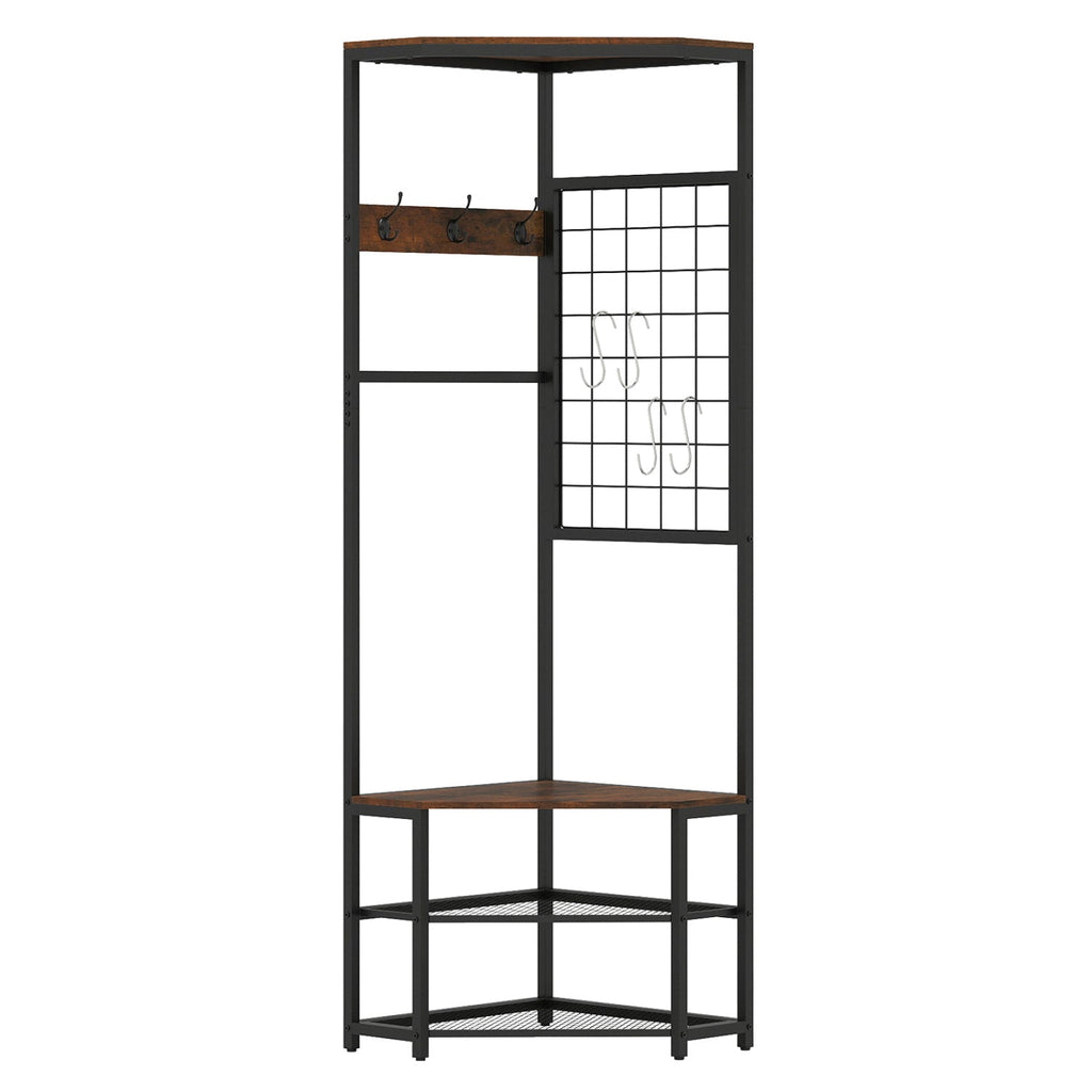 Corner Hall Tree Freestanding Coat Rack with Storage Shelves Removable Hooks
