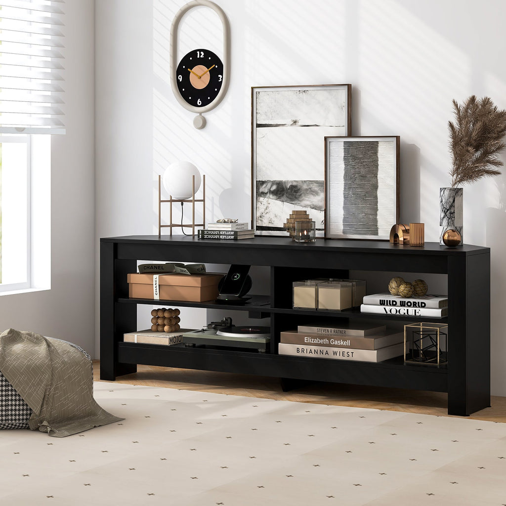 Corner TV Stand with Power Outlet and 4 Open Storage Shelves