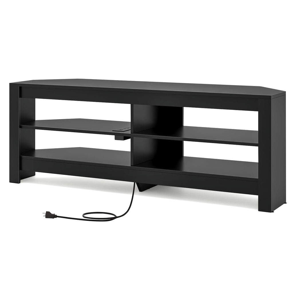 Corner TV Stand with Power Outlet and 4 Open Storage Shelves