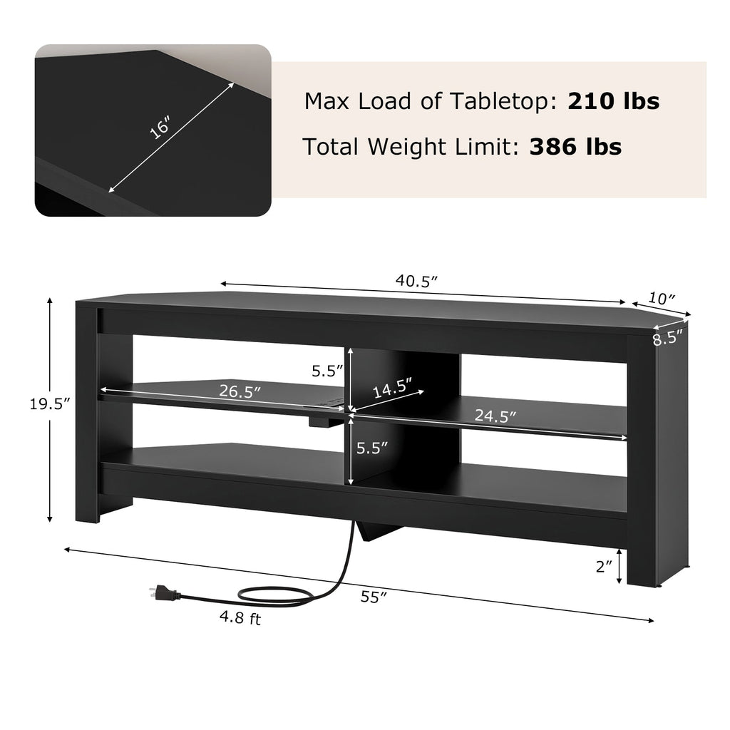 Corner TV Stand with Power Outlet and 4 Open Storage Shelves
