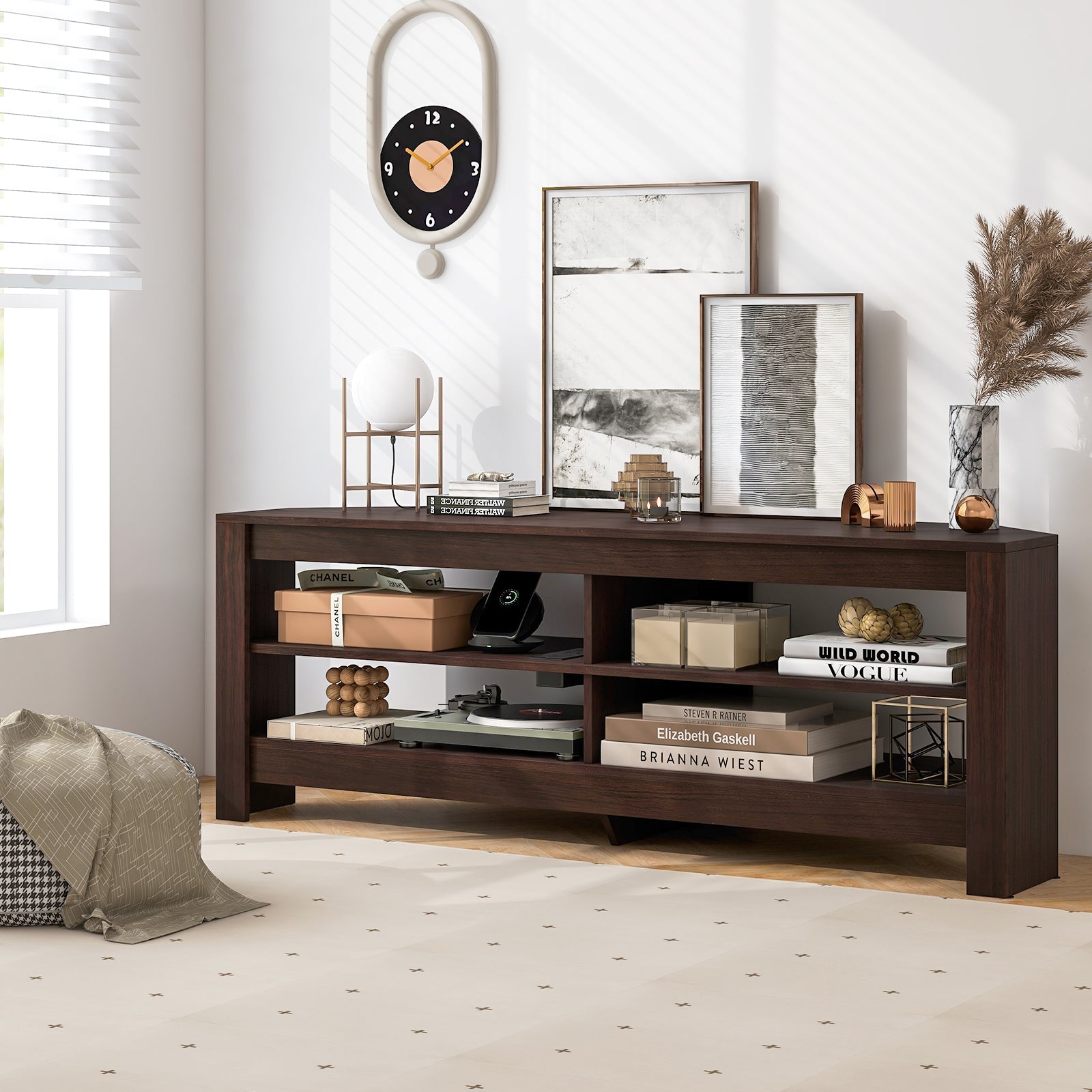 Corner TV Stand with Power Outlet and 4 Open Storage Shelves