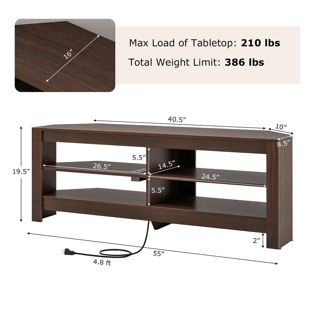 Corner TV Stand with Power Outlet and 4 Open Storage Shelves