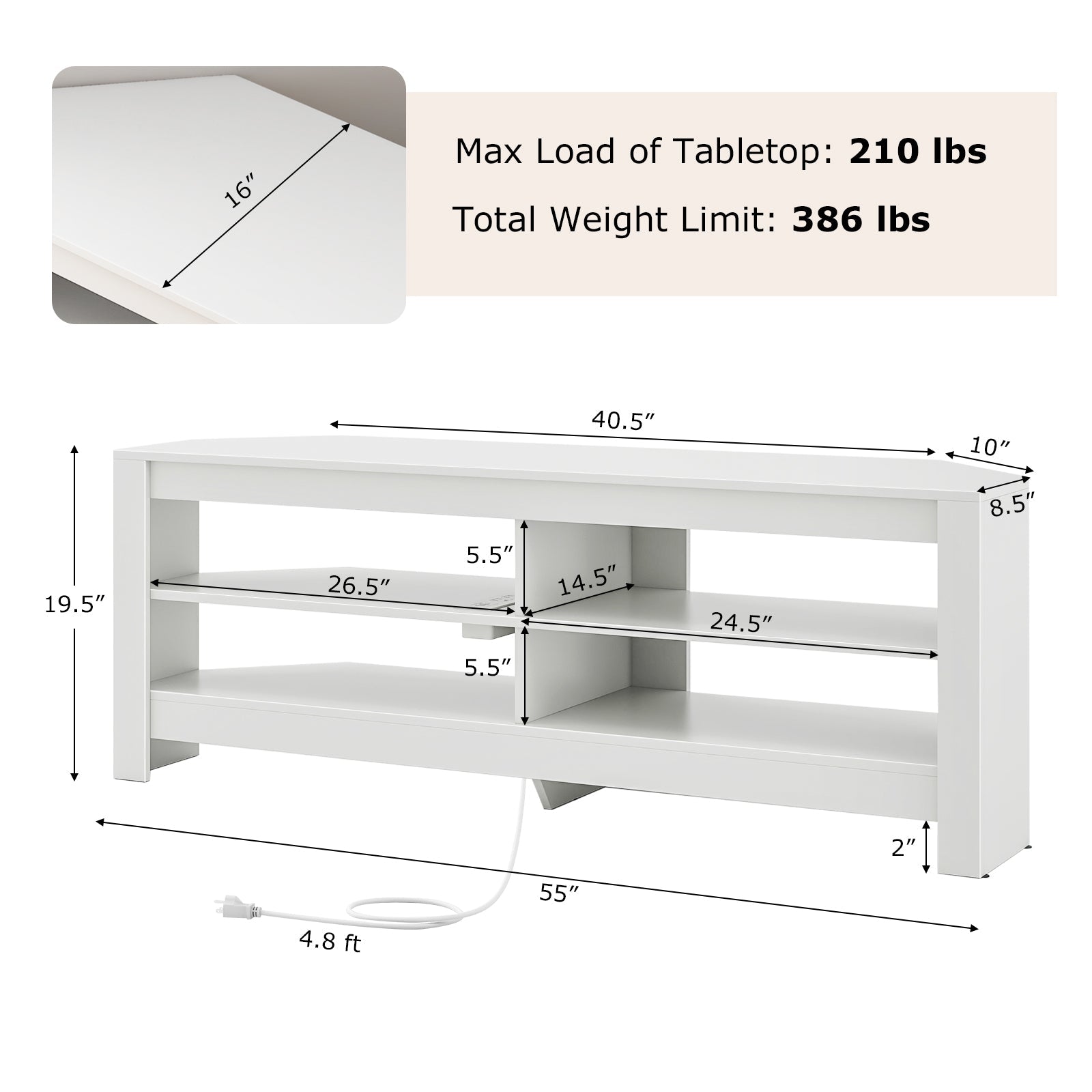 Corner TV Stand with Power Outlet and 4 Open Storage Shelves