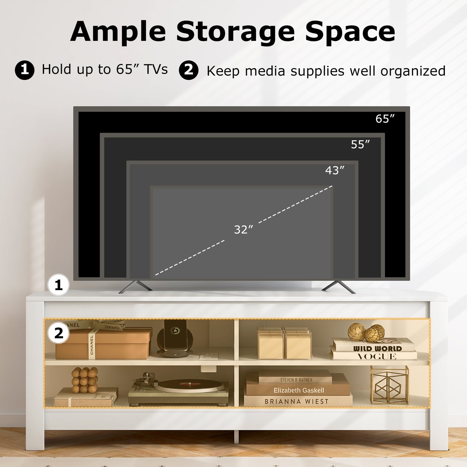 Corner TV Stand with Power Outlet and 4 Open Storage Shelves