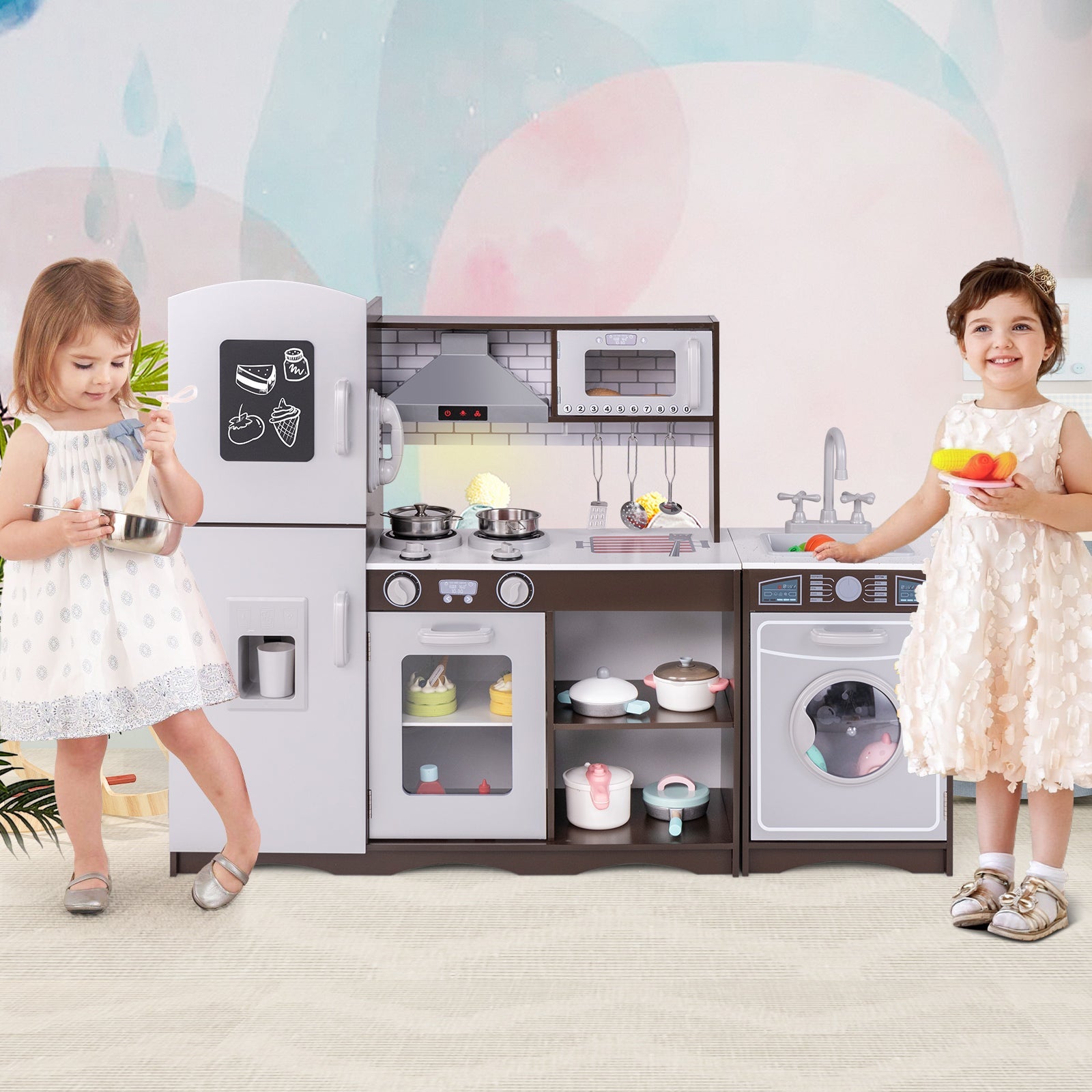 Corner Toy Kitchen Set with Light with Sounds Interactive-Dark Brown