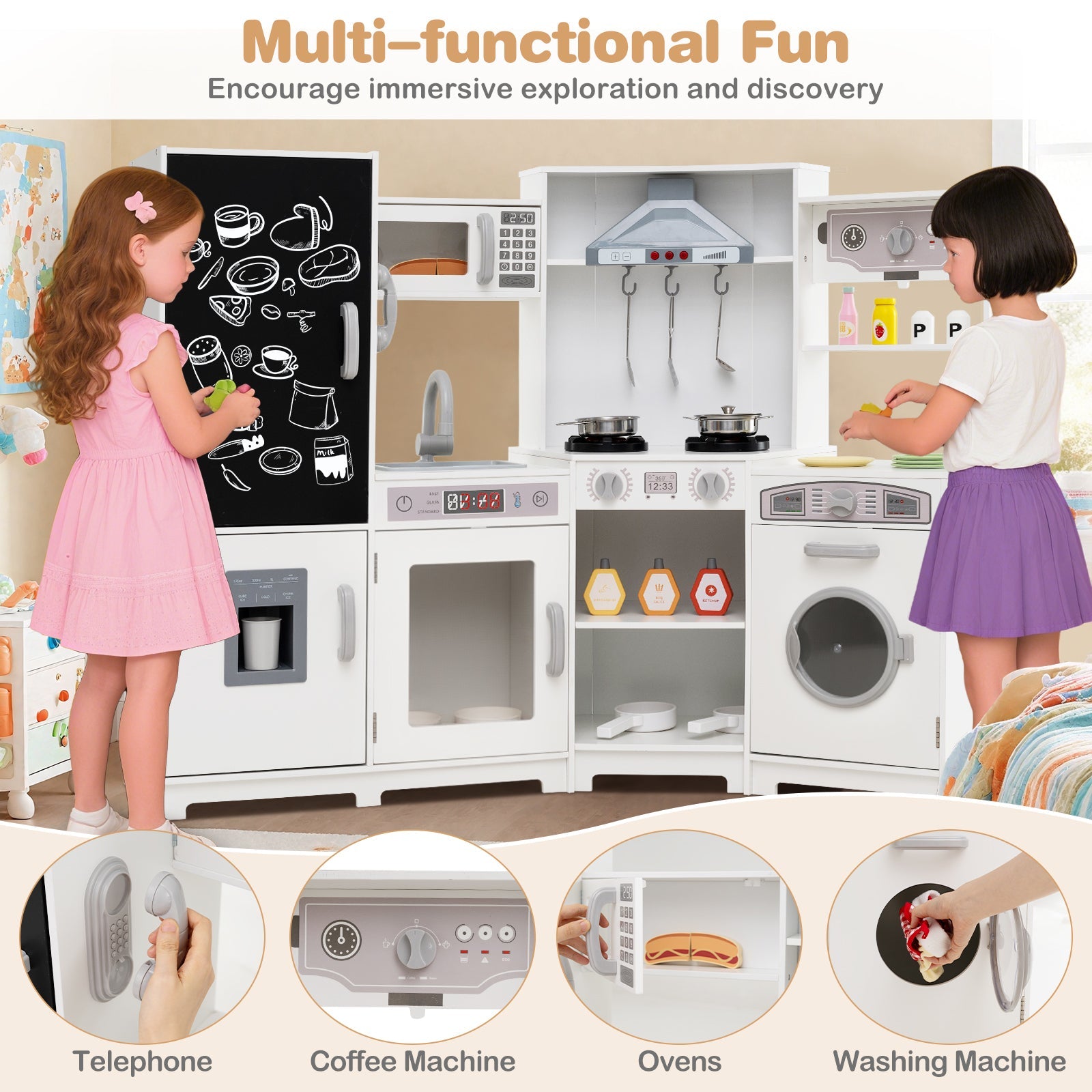 Corner Wooden Play Kitchen with Lights and Sounds Large Pretend Play Kitchen Set
