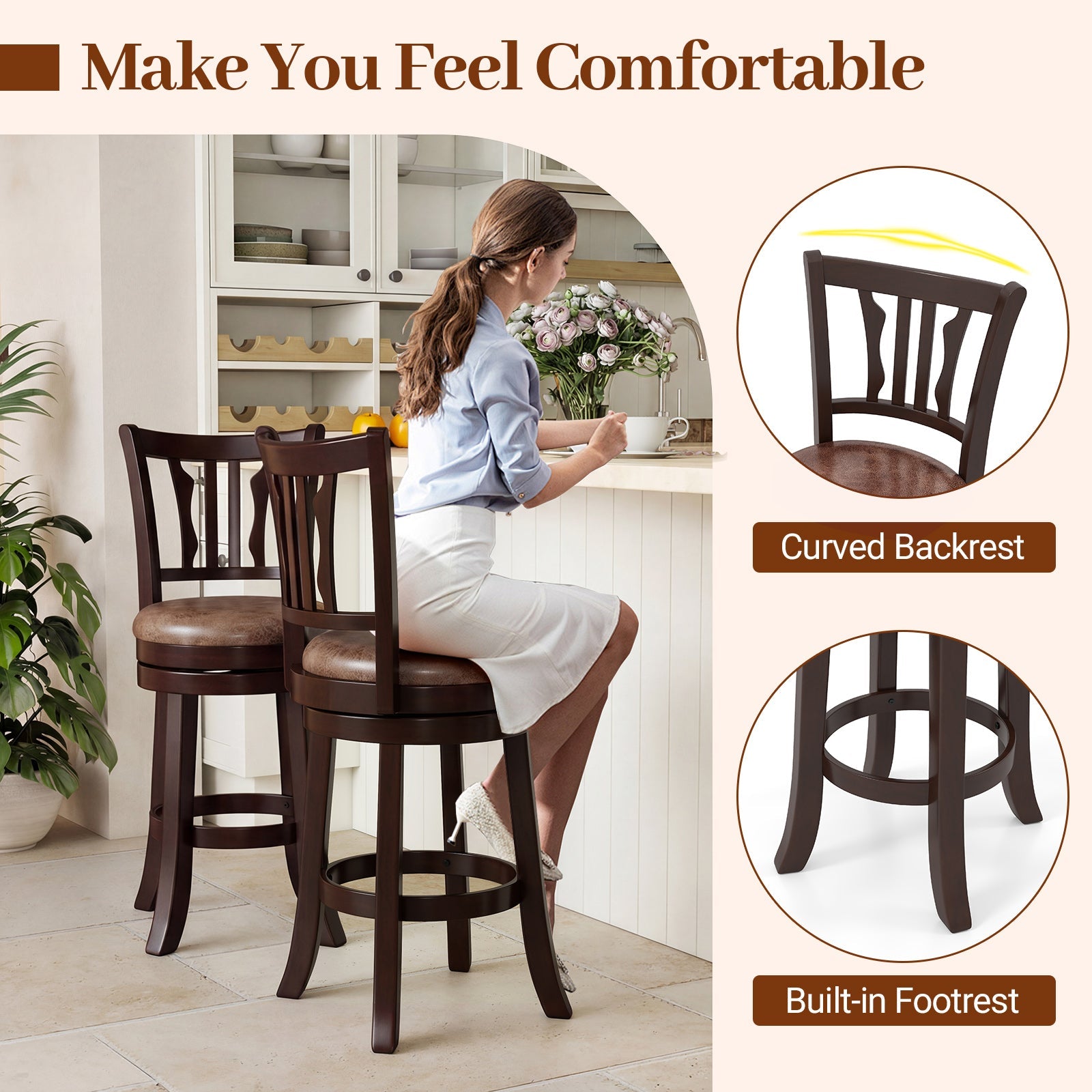 Counter Height Swivel Bar Stools Set of 2 with Back and Solid Rubber Frame