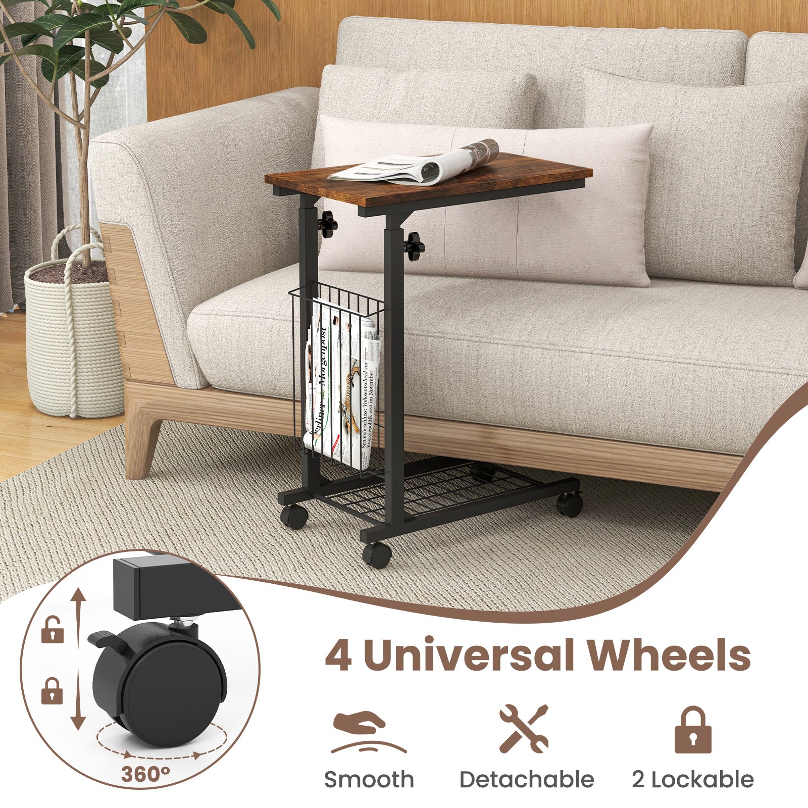 C-shape Sofa Side Table with Storage Basket-Rustic Brown