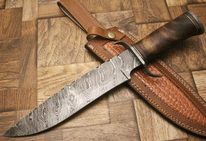 Custom Handmade 13-Inch Damascus Steel Bowie Knife with Rosewood Handle and Damascus Guard