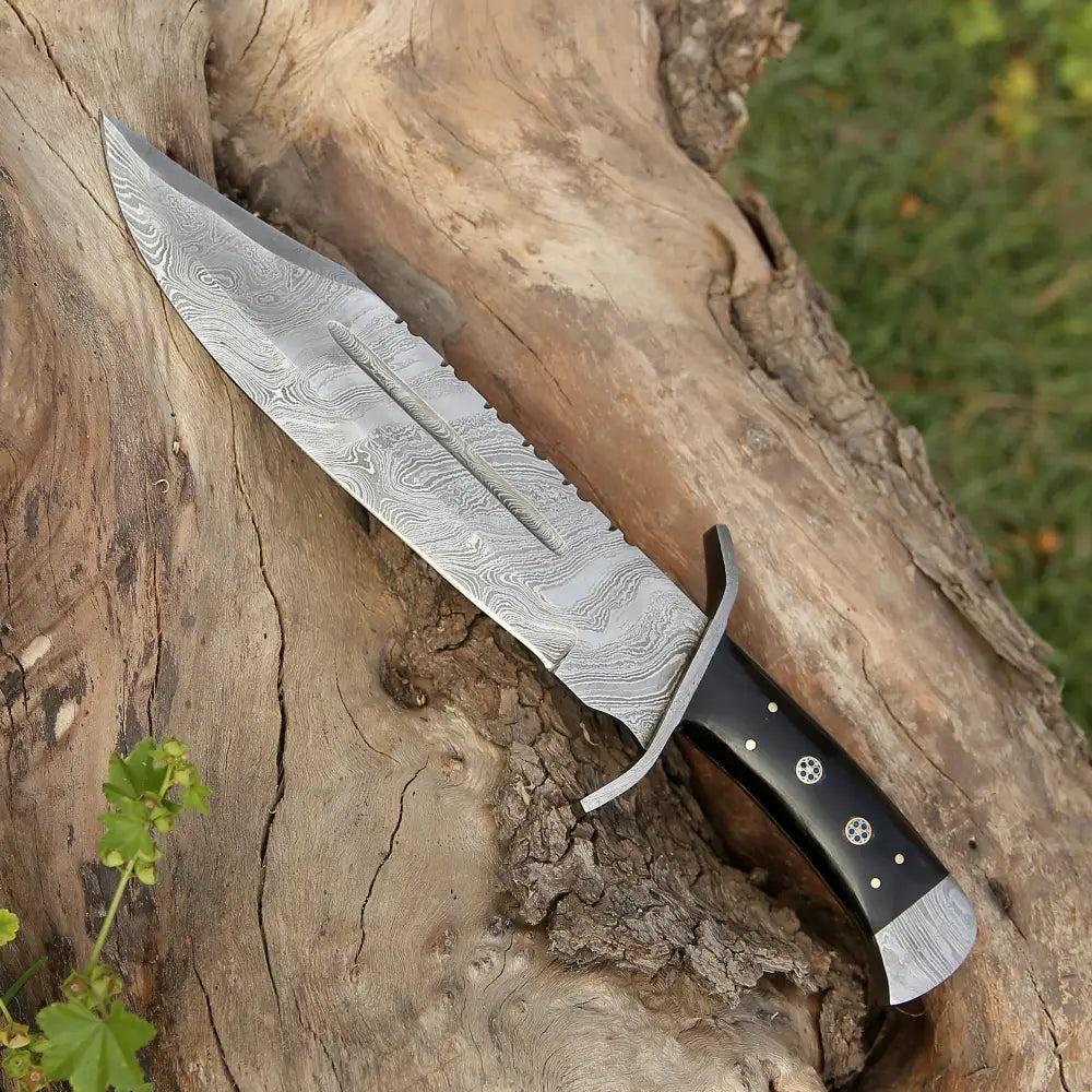 Custom Handmade 15-Inch Damascus Steel Bowie Knife with Buffalo Horn Handle and Damascus Guard