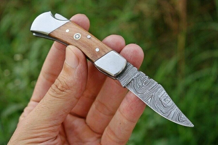 Premium Custom Handmade Damascus Folding Knife – 3" Blade, Rosewood Handle & Steel Bolster
