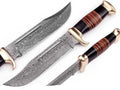 Custom Handmade 16" Damascus Steel Crocodile Dundee Bowie Knife with Leather and Buffalo Horn Handle, Brass Guard, and Leather Sheath