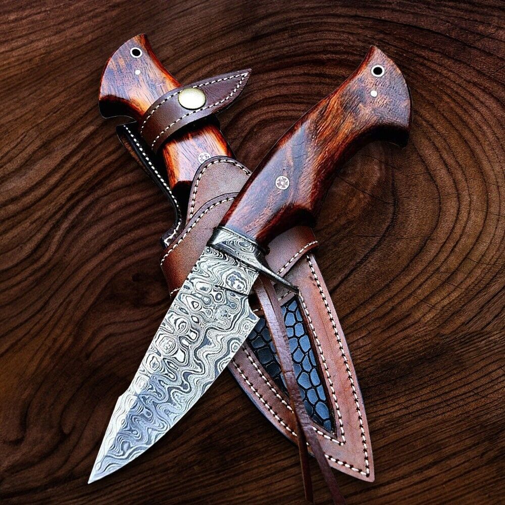 Custom Handmade Damascus Steel Bobcat Knife – 10-Inch Blade with Damascus Steel Guard & Rosewood Handle, Includes Leather Sheath