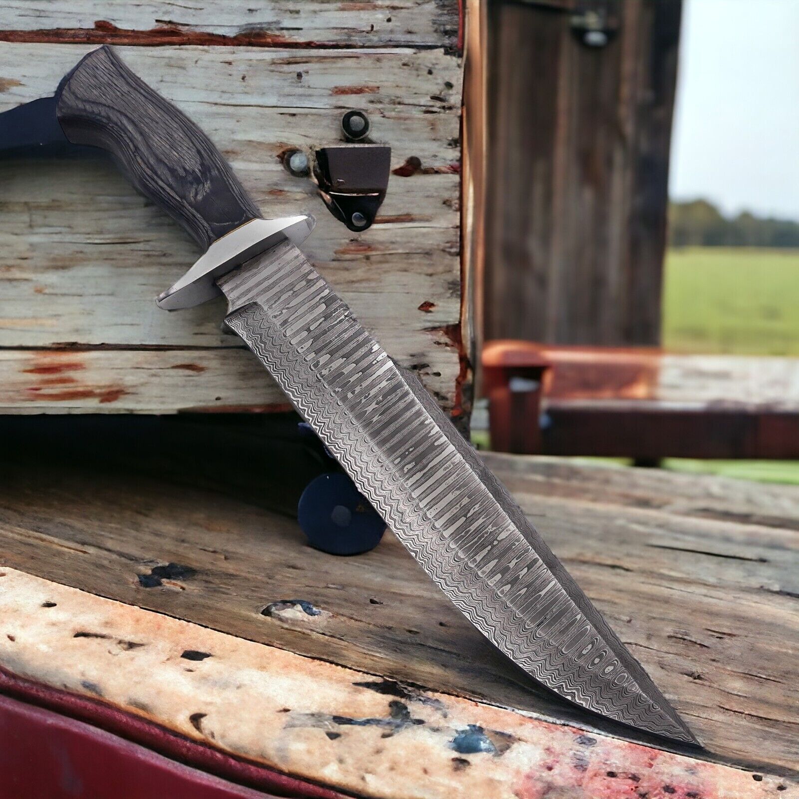 Custom Handmade 15" Damascus Steel Bowie Knife – Pakka Wood Handle & Steel Guard