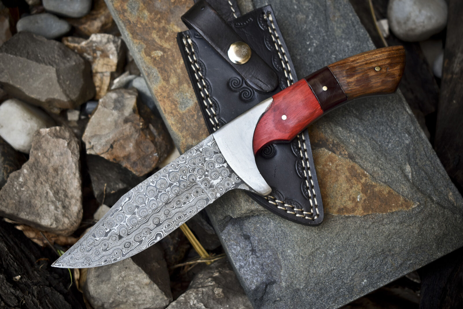 Custom Handmade Damascus Steel Hunting Knife with Pakkawood & Rosewood Handle | Steel Bolster | Includes Leather Sheath  Product Description: