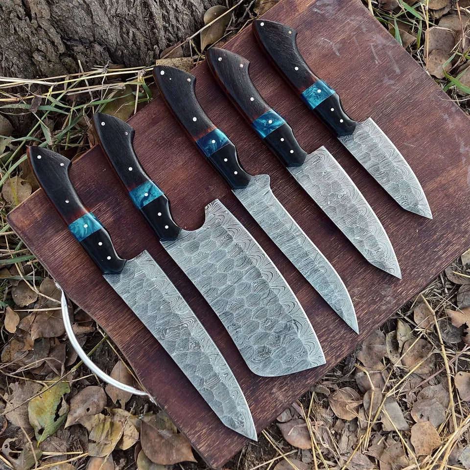 Custom Handmade Damascus Steel Knife Set - 9” to 13” Blades with Rosewood and Resin Handles