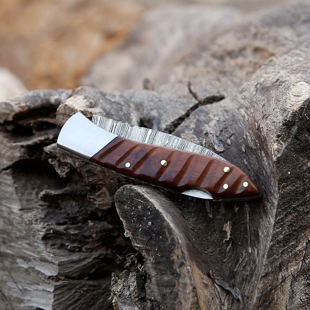 Custom Handmade Damascus Steel Pocket Knife with Rosewood Handle & Steel Bolster – 3" Overall Length, Includes Leather Sheath
