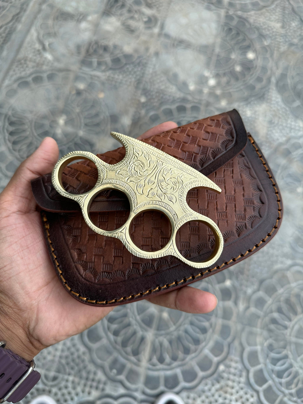 Handmade Engraved Brass Knuckle with Belt Loop Leather Case - Personalized Solid Brass Duster for Self-Defense and Everyday Carry