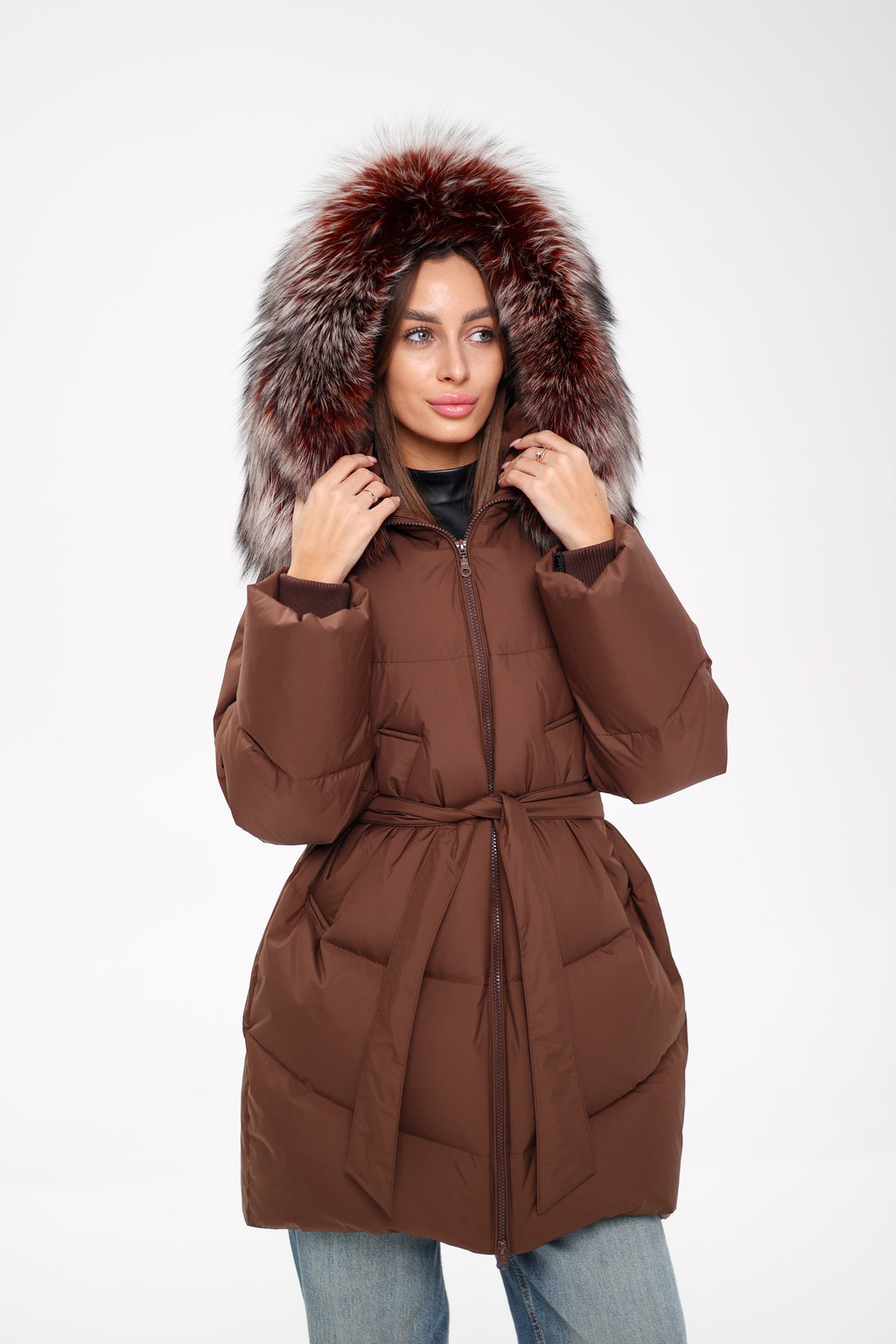Genuine Silver Fox Down Fill Coat in Chocolate