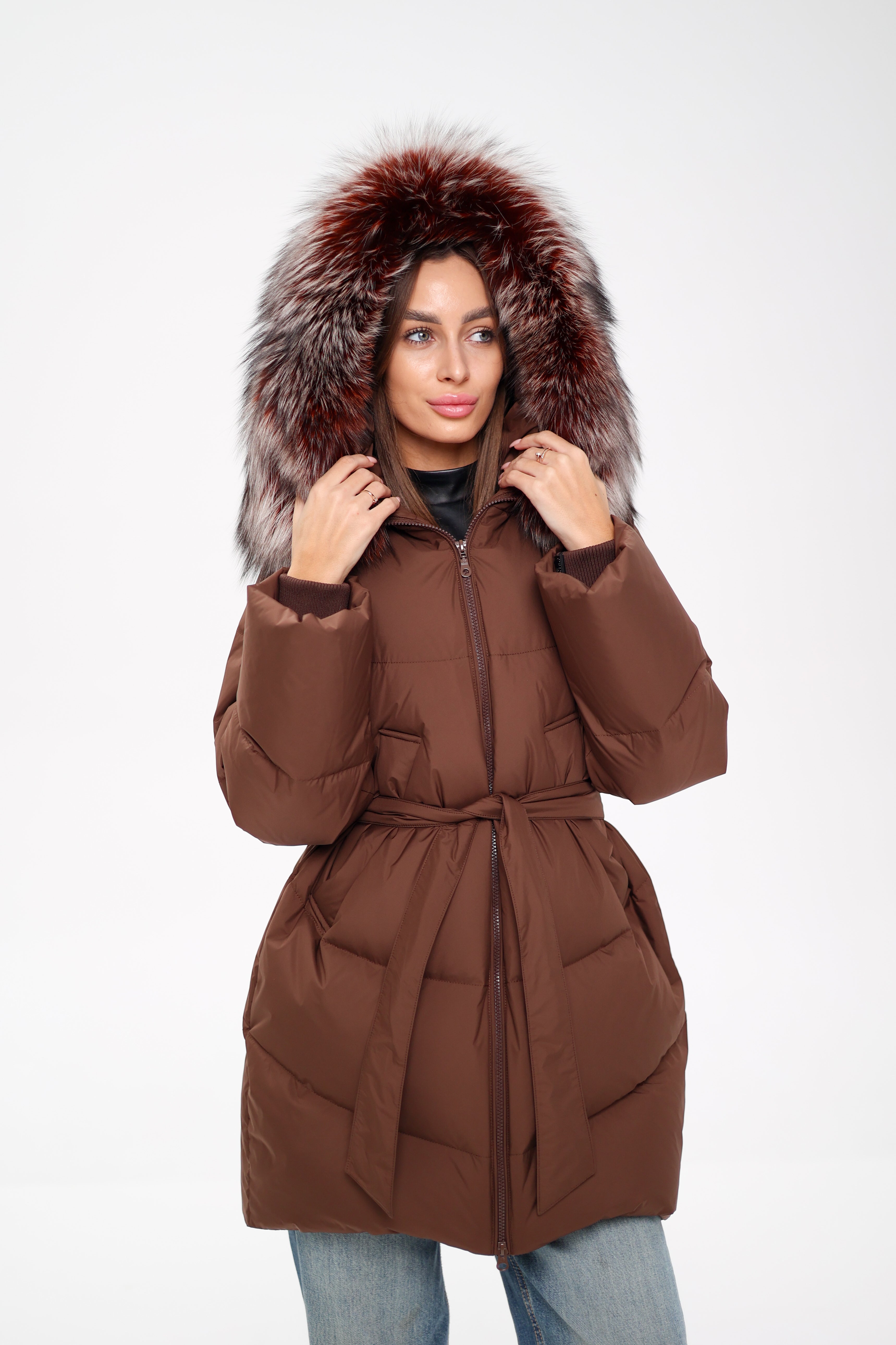 Genuine Silver Fox Down Fill Coat in Chocolate