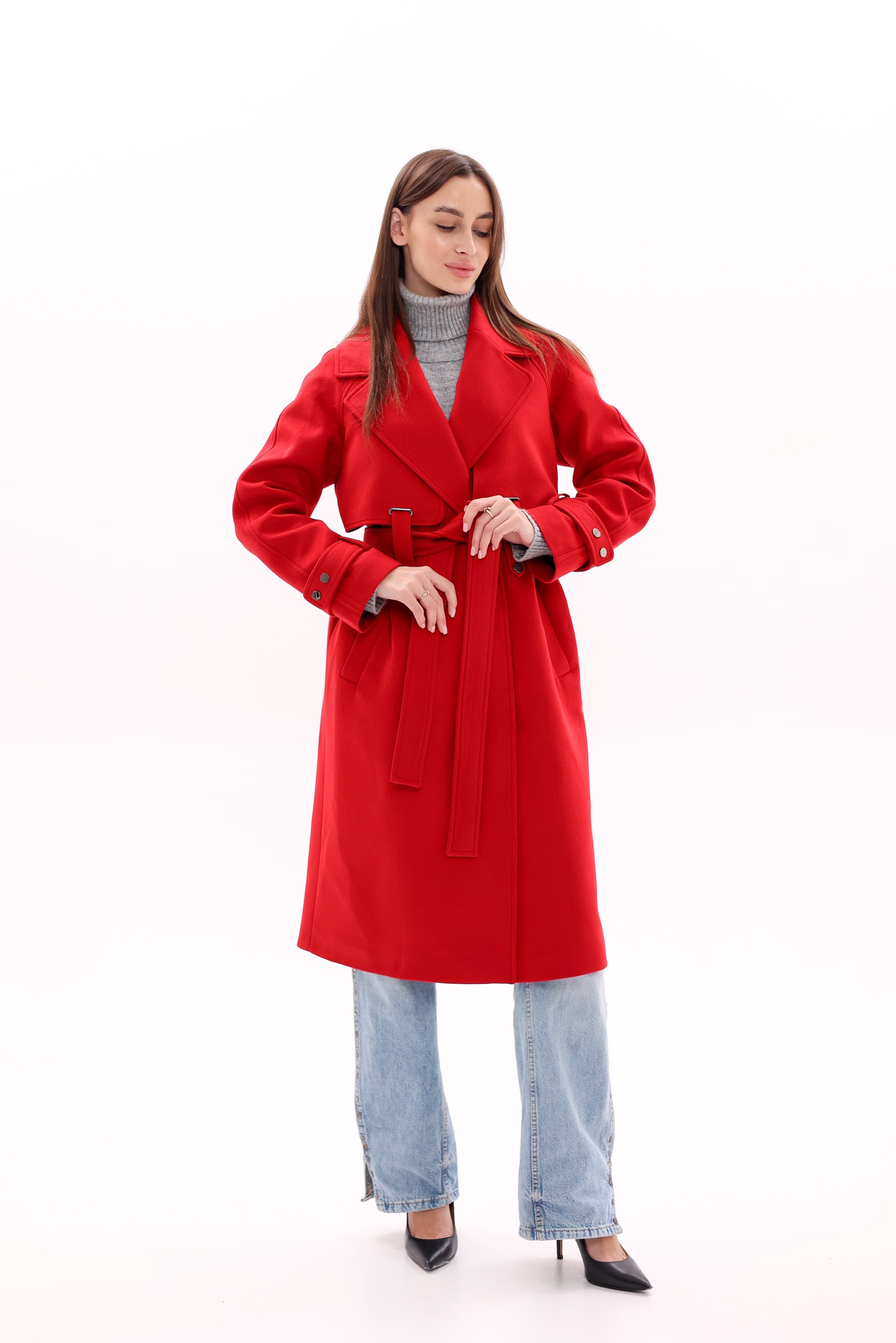 Karina Belted Wool Cashmere Blend Overcoat in Ruby
