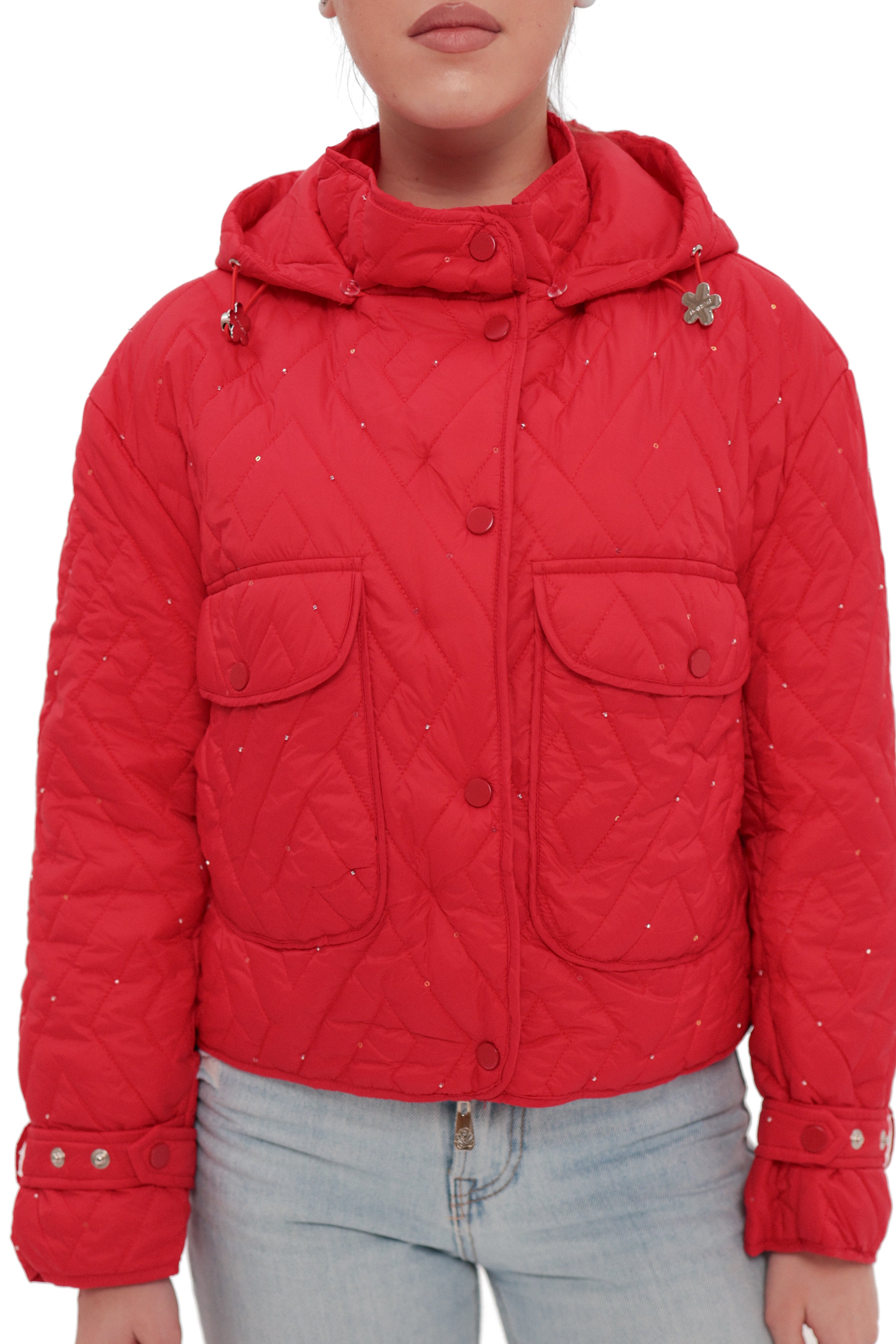 Studded Light Demi-Season Hooded Cropped Jacket in Red