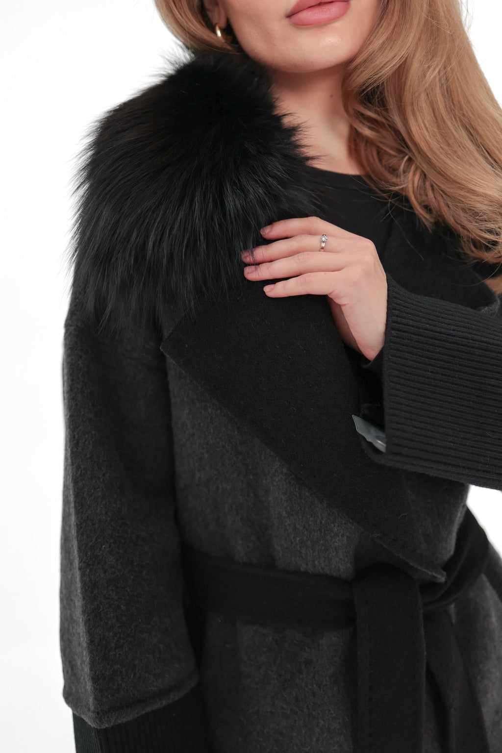 Boston Genuine Silver Fox Cashmere Blend Double-Face Coat in Graphite